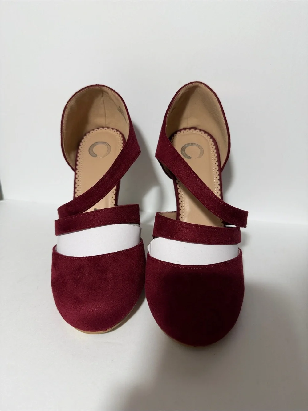 Women’s Burgundy and White Cross-Strap Heels